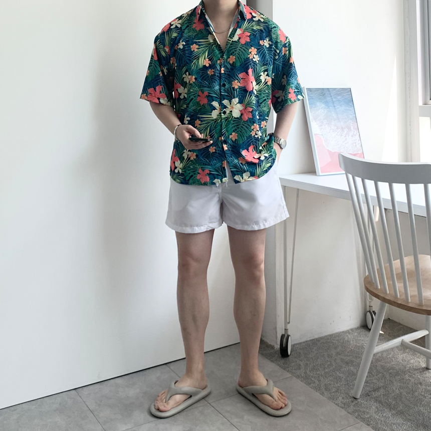 남자 반팔 하와이안 셔츠 여름 반소매 남방 야자수 꽃무늬 바캉스 휴양지룩 신혼여행 이미지 7