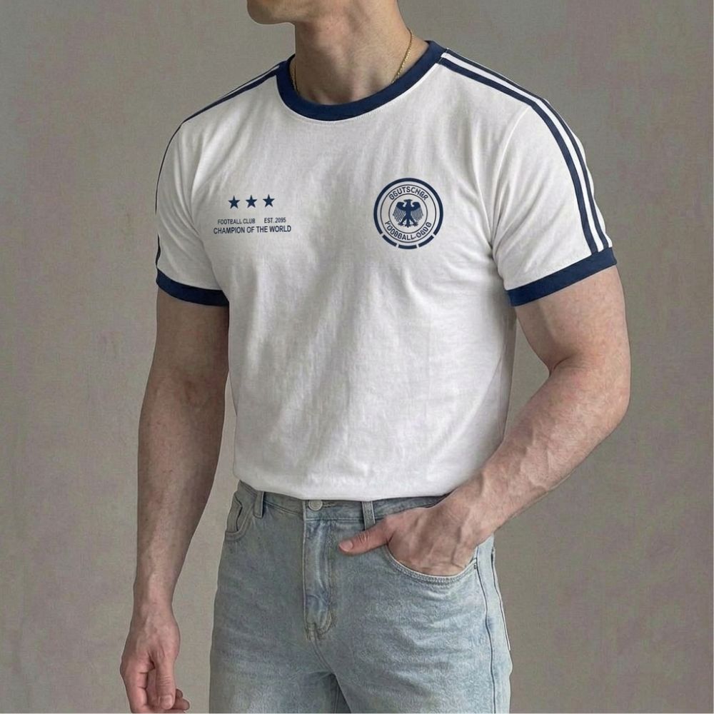 트랙 져지 반팔 티셔츠 머슬핏 링거티 화이트, M - 상세 이미지 3