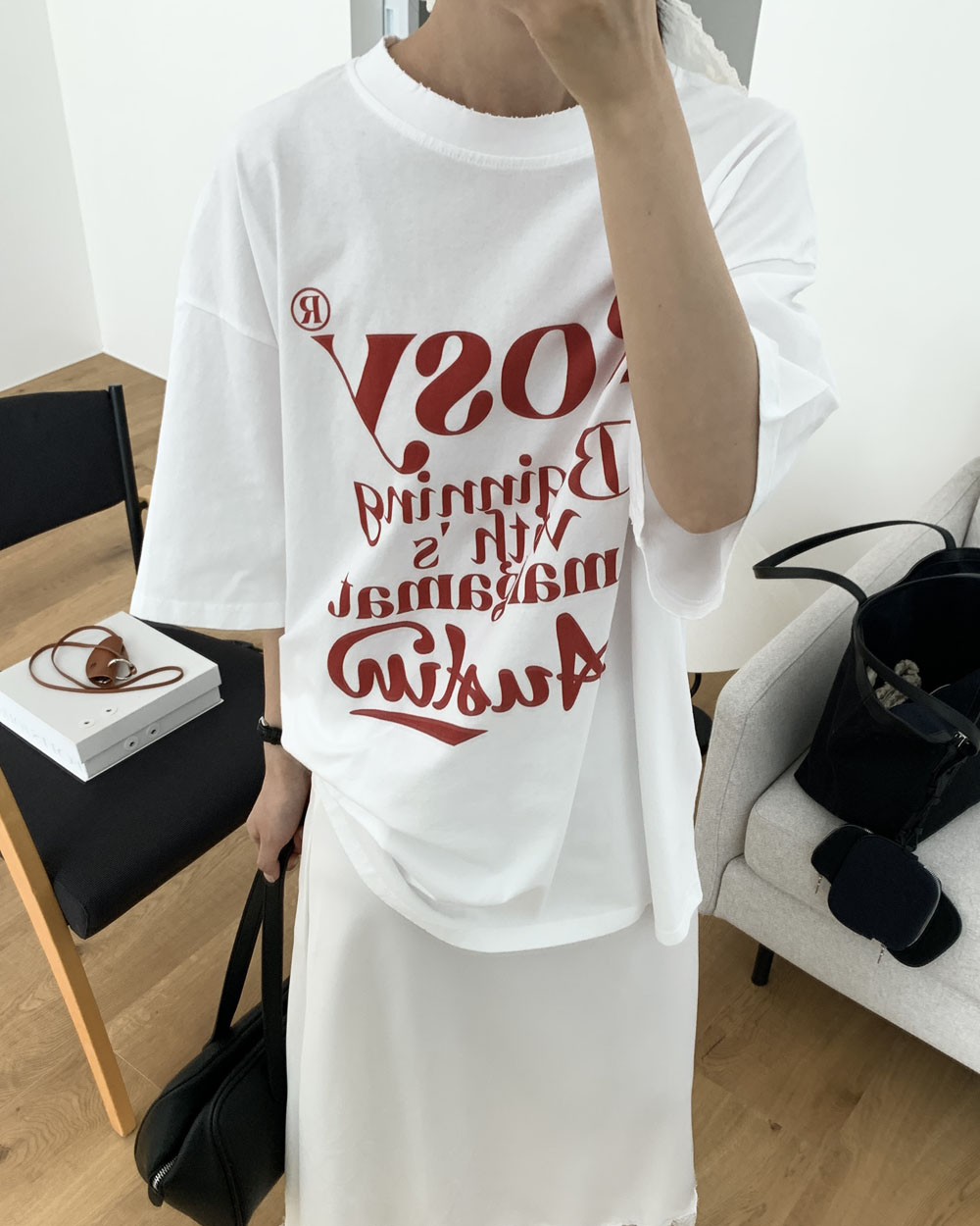 [그레이당일] 로즈 반팔티 5부 6부 여름 코튼 팔뚝커버 빅사이즈 오버핏 박스티 웨어링무드 (3c) - 상세 이미지 4