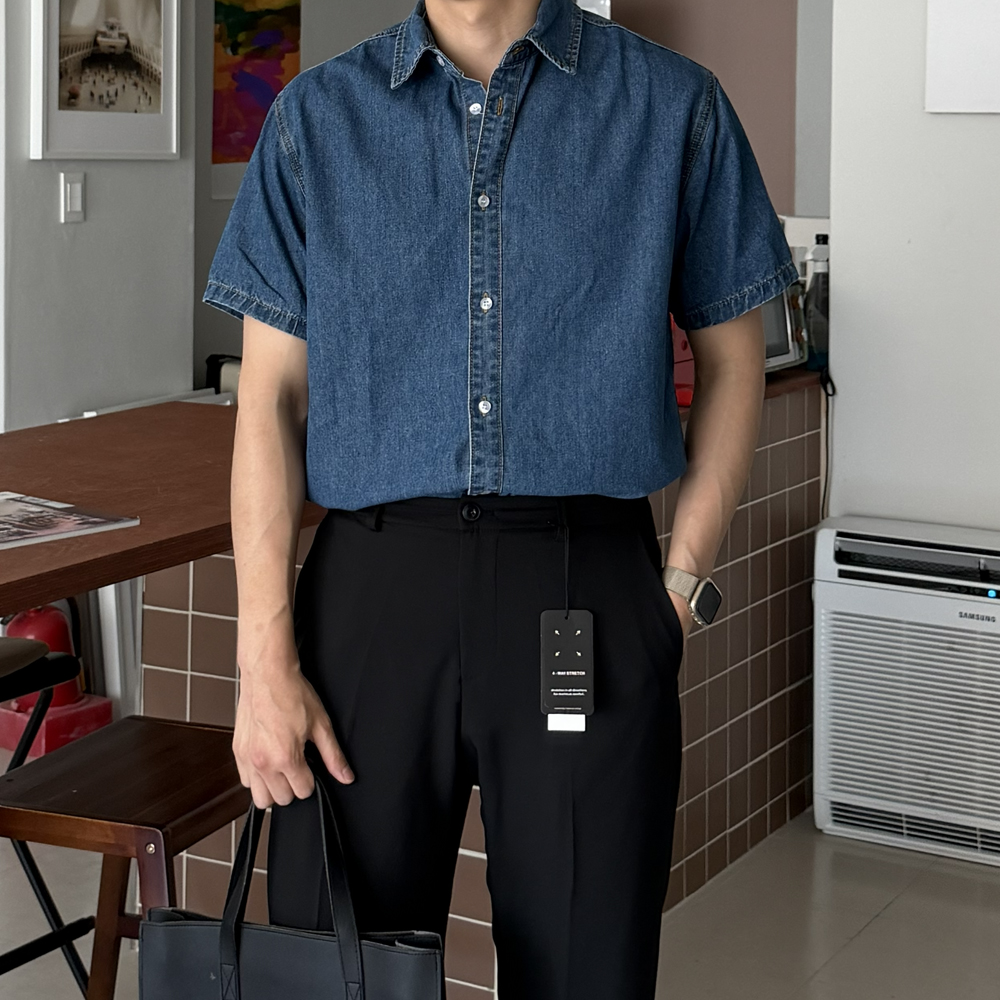 남자 반팔 셔츠 오버핏 커플 여름 데님 청 반팔 남방 남성 와이 셔츠 - 상품 이미지