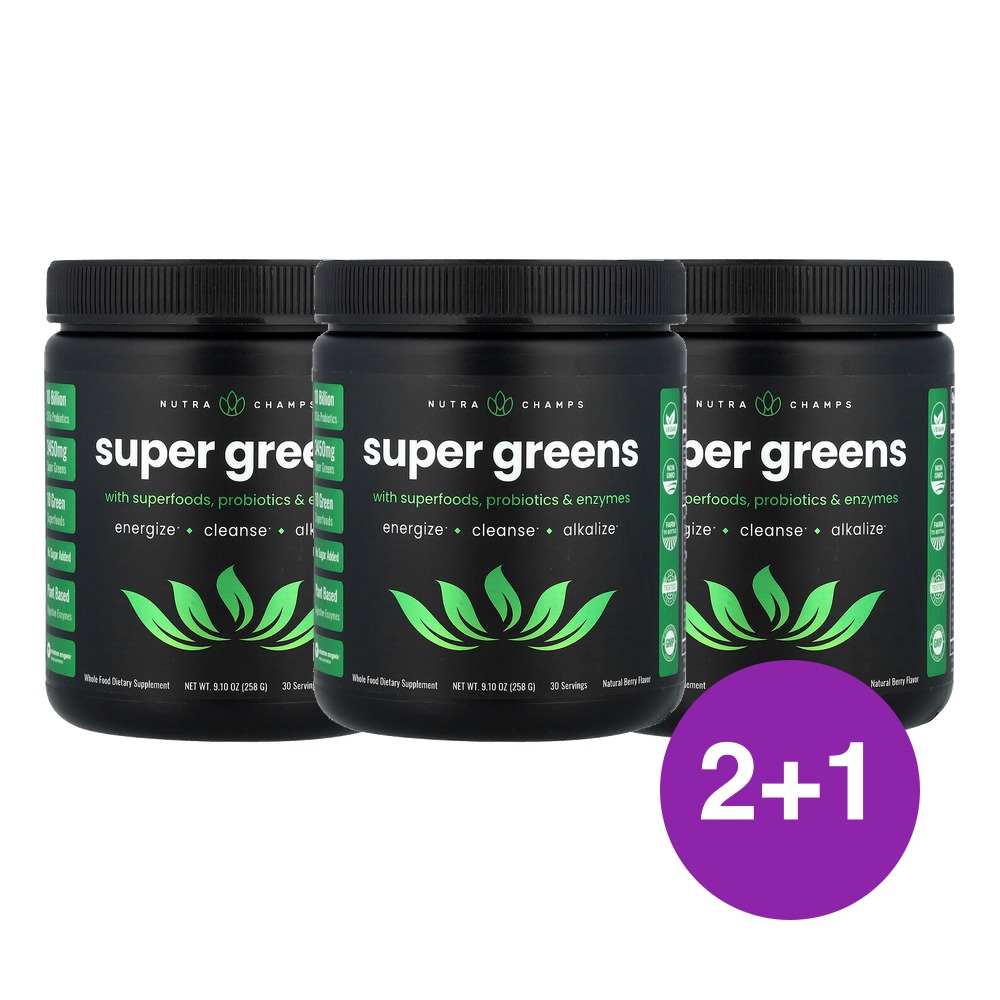 NutraChamps 푸드 효소 함유 슈퍼 그린 천연 베리 맛 258g, 3개 - 상품 이미지
