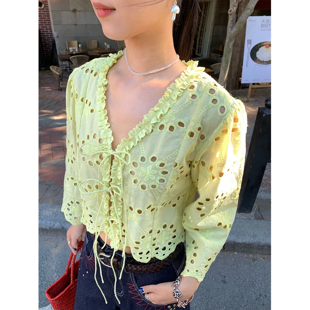 프릴브이넥 펀칭자수 크롭블라우스 순면 리본포인트 7부소매 루즈핏 키작녀 여름 패션 애플그린 - 상세 이미지 4