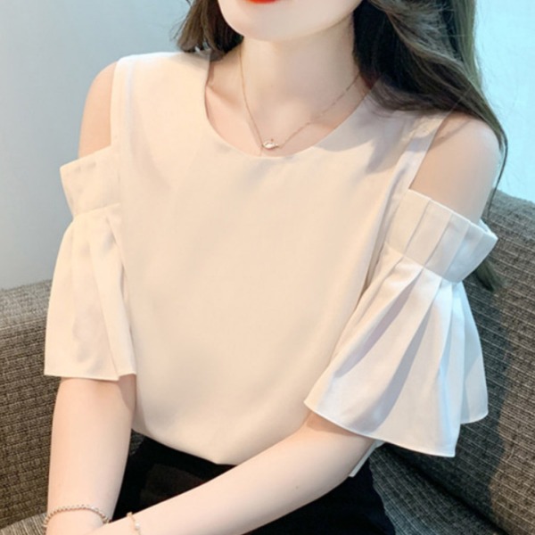 어깨트임 오프숄더 반팔 블라우스 프렌치 시크 쉬폰 셔츠 데이트룩 시원한 페미닌룩 - 상품 이미지