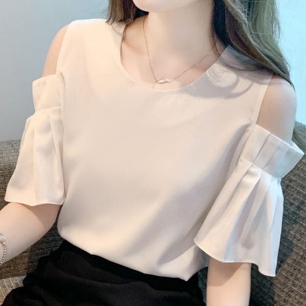 어깨트임 오프숄더 반팔 블라우스 프렌치 시크 쉬폰 셔츠 데이트룩 시원한 페미닌룩 - 상세 이미지 4