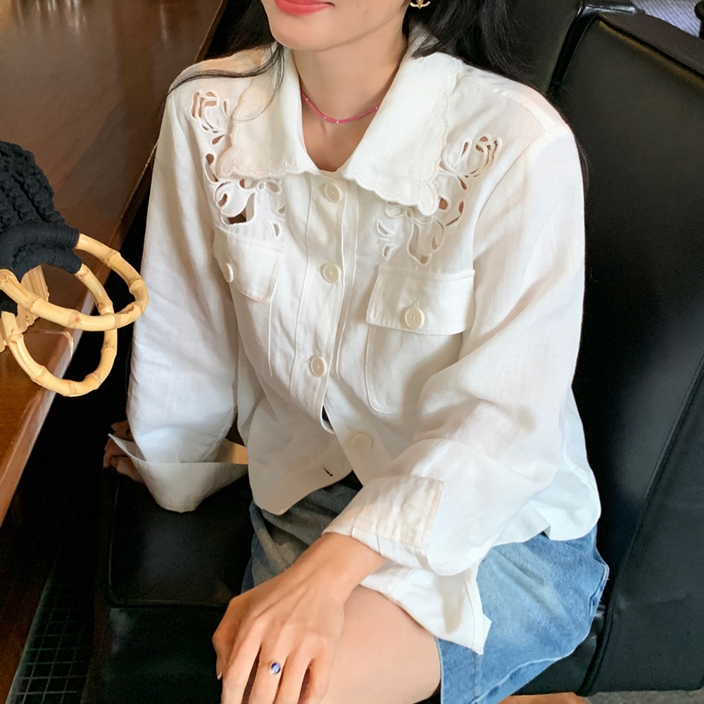 물결카라 펀칭 리넨긴팔자켓 루즈핏 캐주얼 유니크 디자인 중년여성 여름 화이트 - 상품 이미지