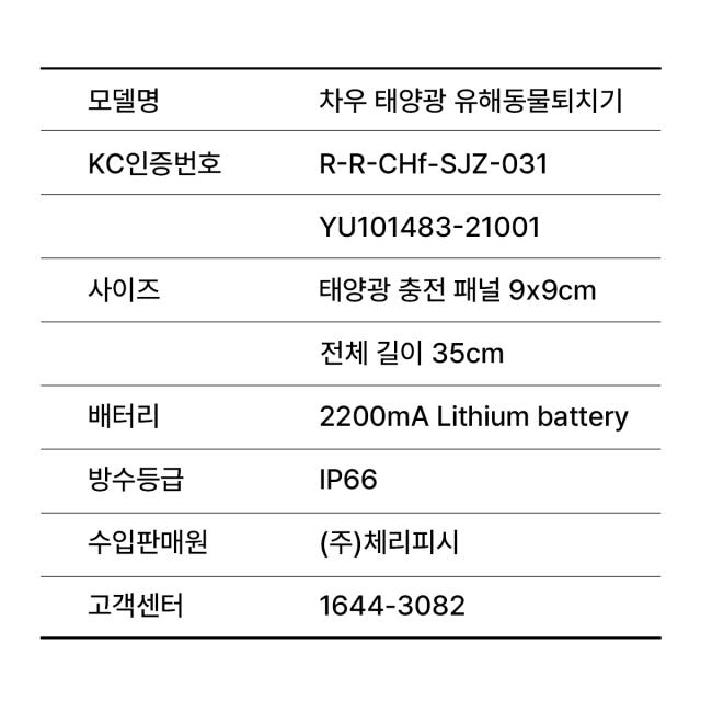 차우 야생동물 퇴치기 태양광 땅속드릴진동 적외선센서 초음파 LED 경고음
