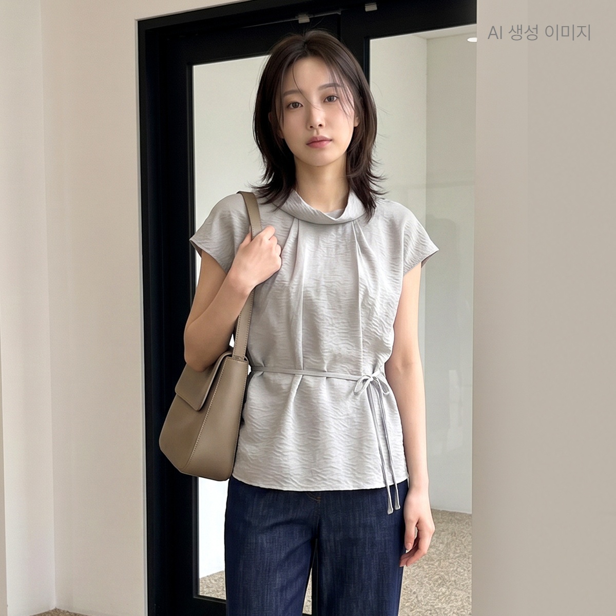 로엠 하이넥 캡소매 블라우스 RMBLG26RT3 - 상품 이미지
