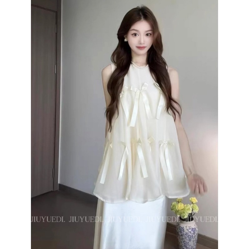 여성 프렌치 리본 민소매 블라우스 플레어 탑 새틴 롱치마 우아한 미디 스커트 세트 2XL - 상세 이미지 5