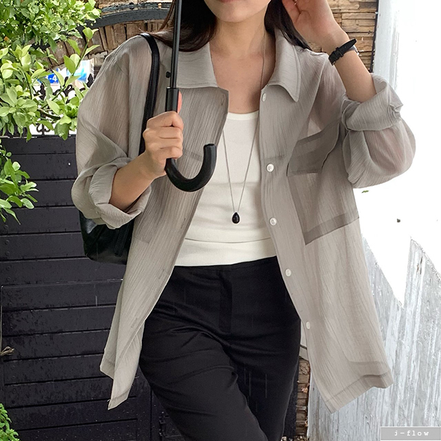 리블 포켓 루즈핏 링클 시스루 셔츠 2col 여름 아우터 긴팔 코튼 남방 제이플로우 이미지 8