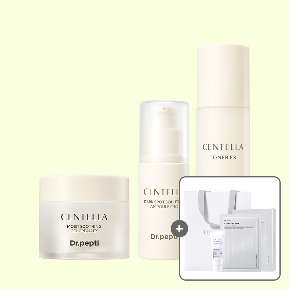 센텔라 토너 180ml+다크스팟앰플 30ml+젤크림 70ml+(증정)하이드라 크림 20ml+엑소 바이옴 마스크 5매입(본품)+쇼핑백 구성