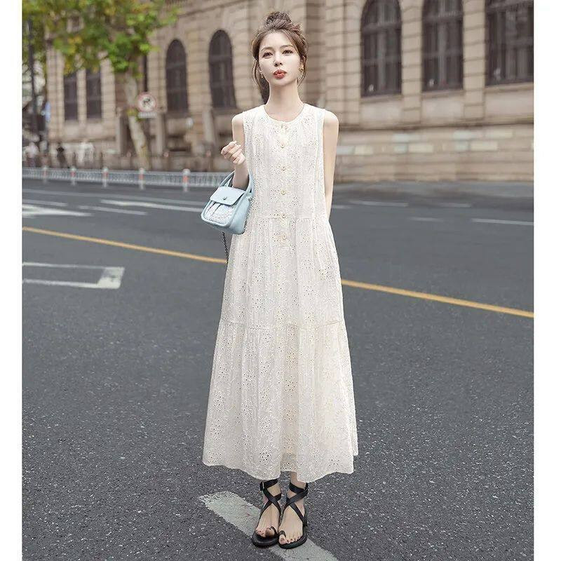 드레스 스커트 펀칭 프릴 플라워 여름 셀프웨딩 미색 민소매 롱원피스 S - 상세 이미지 4