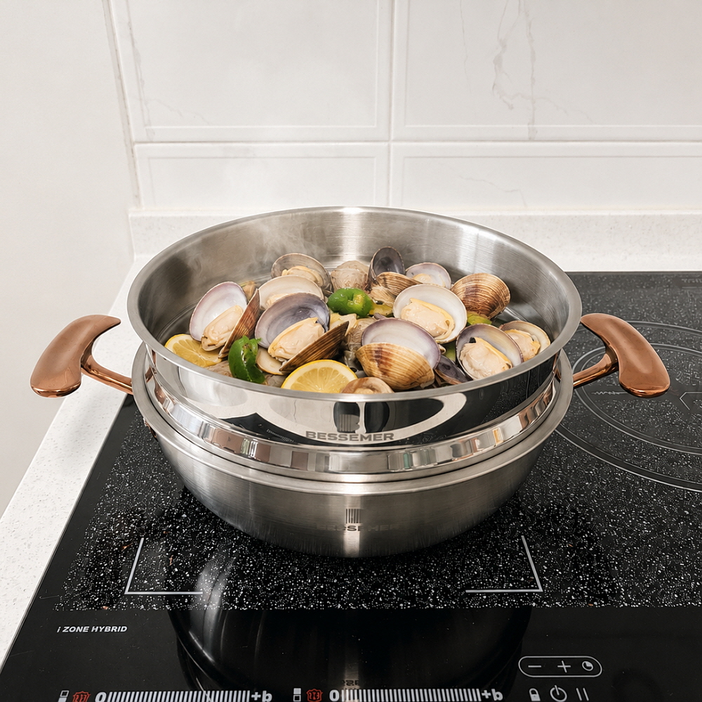 베세머 오리진 통5중 316스텐 냄비 인덕션 밀폐유 전골 찌개 24cm, 양수웍냄비+스티머 - 상품 이미지