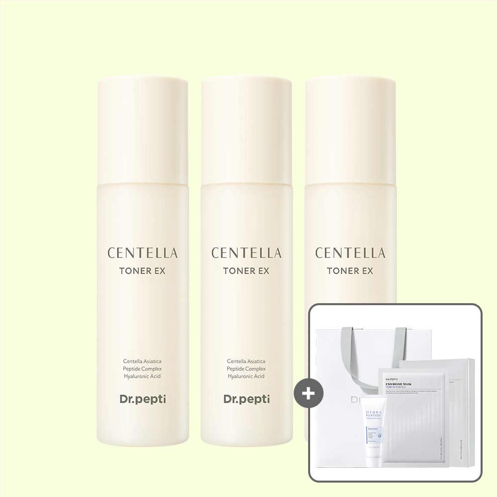 센텔라 토너EX 180ml 3개 + (증정) 하이드라 크림 20ml + 엑소 바이옴 마스크 5매입(본품)+쇼핑백 구성