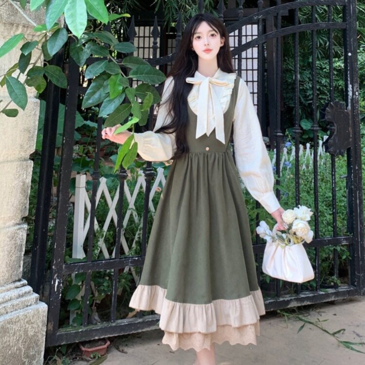 페이크투피스 빅사이즈 경성의복 개화기의상 원피스 롱 베이지 셔츠 스트랩 스커트 4XL - 상세 이미지 2
