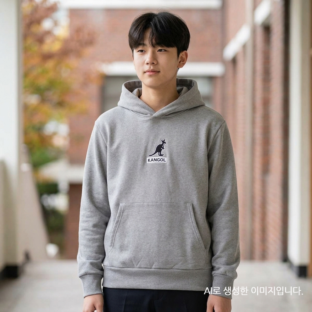 캉골 후드티 남녀공용 커플 로고 그레이, M - 상세 이미지 4