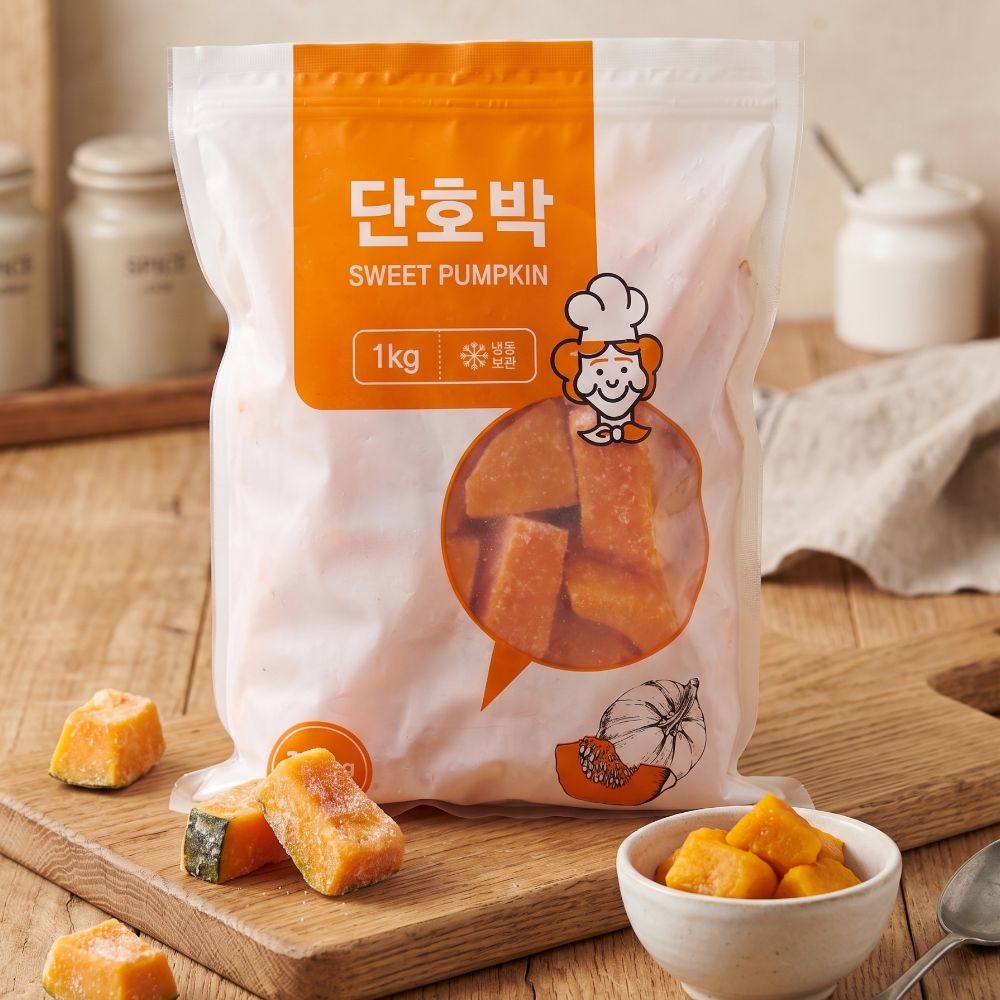 냉동 손질 단호박 1kg 대용량 죽용 껍질을 깍아 익혀 나온 단호박 - 상품 이미지