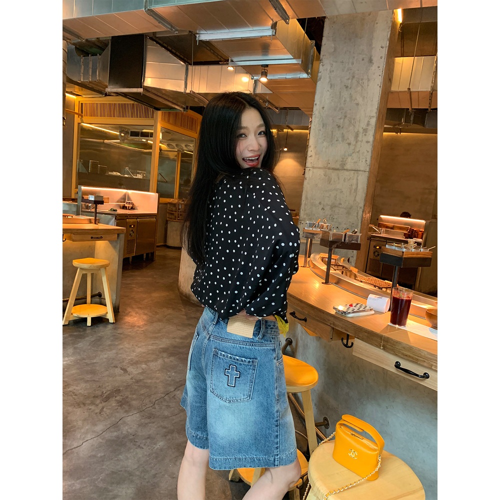 십자가자수 5부 데님와이드반바지 워싱 빈티지풍 하이웨스트 예쁜 디자인 - 상세 이미지 4