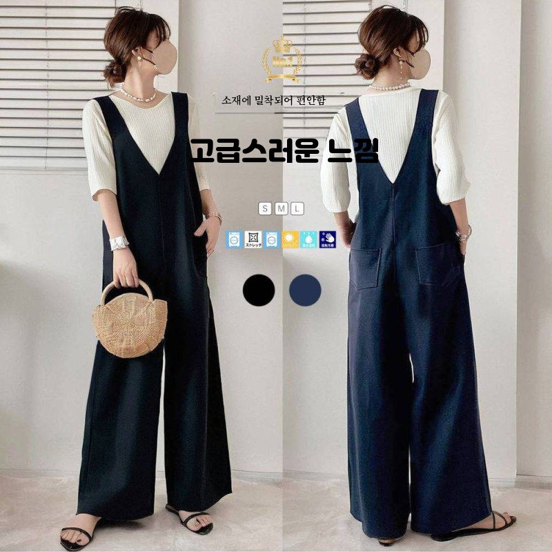 여성 민소매 점프수트 여름 신상 멜빵 포켓 V넥 루즈핏 멜빵 바지 와이드 팬츠 블랙 S - 상세 이미지 2