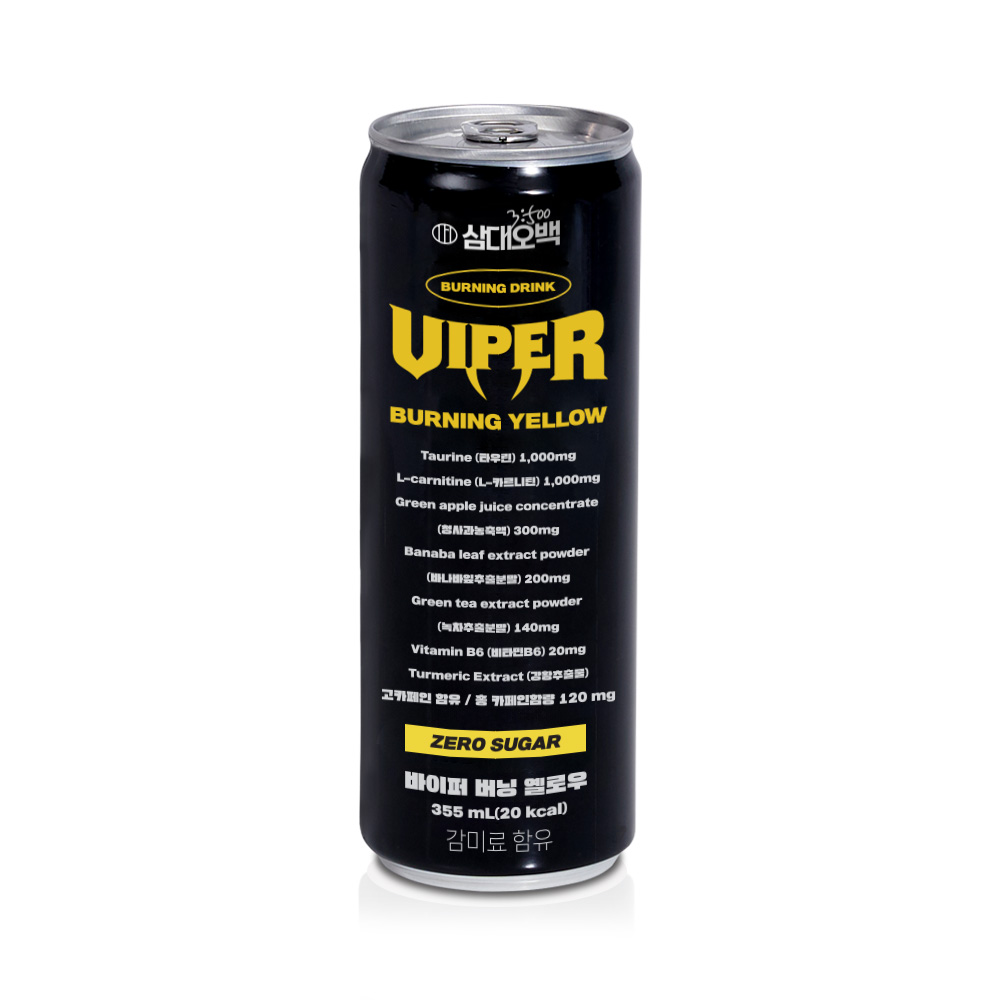 검은색 캔에 노란색 VIPER 로고와 번닝 옐로우 텍스트가 표기된 삼대오백 바이퍼 제품의 정면 모습