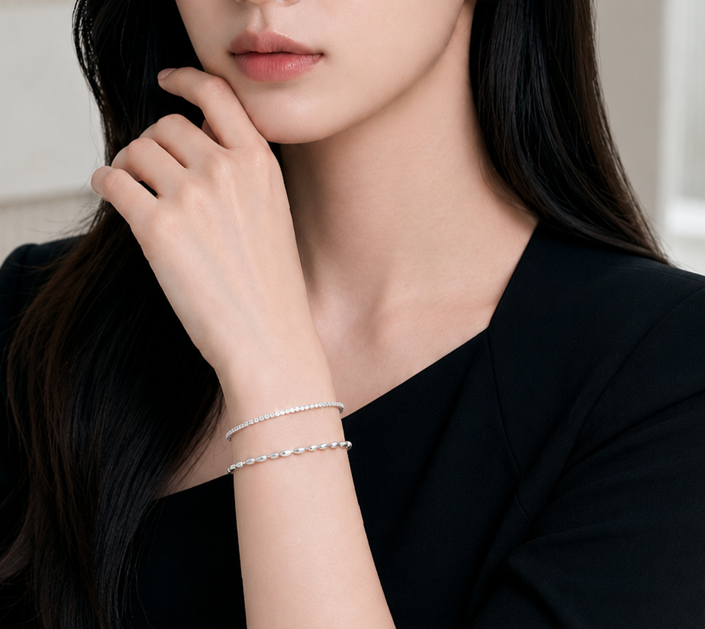 925 스털링실버 2종 통통하트 라이스실버비즈 스파클링 체인 레이어 팔찌 올리비아뉴욕 - 상세 이미지 3