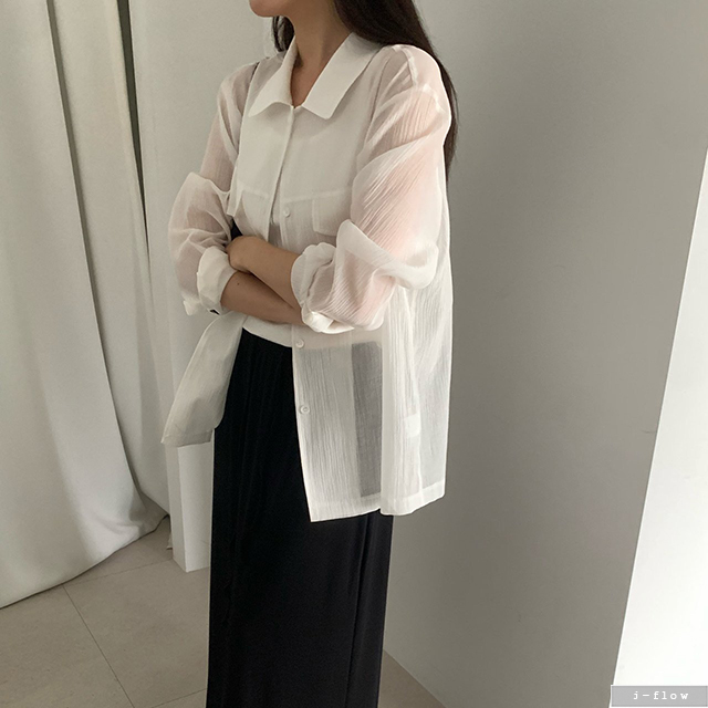 리블 포켓 루즈핏 링클 시스루 셔츠 2col 여름 아우터 긴팔 코튼 남방 제이플로우 - 상세 이미지 4