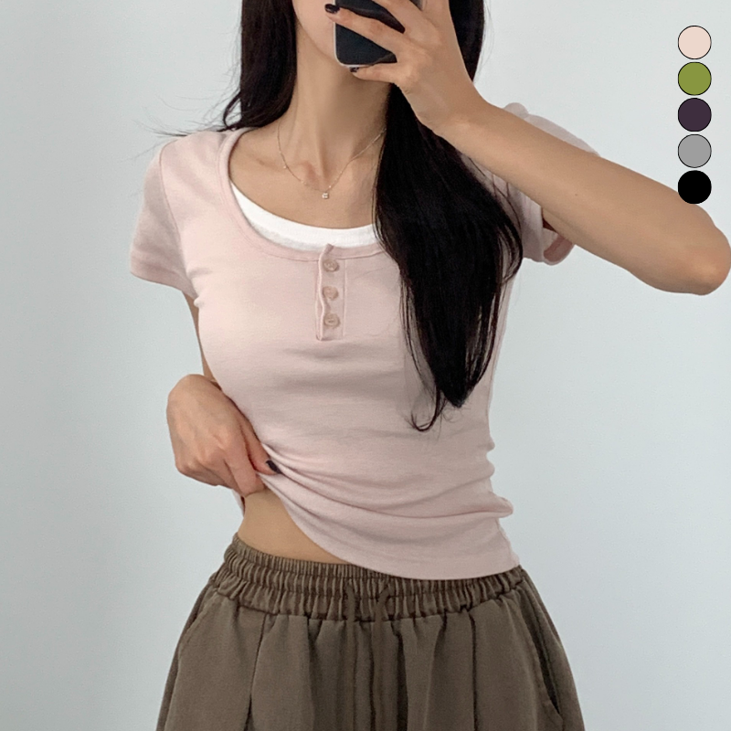 여름 여성 세미크롭반팔티 u넥반팔티 레이어드반팔티 - 상품 이미지