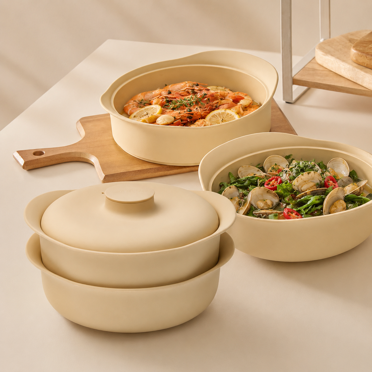 실리프랑 2단 실리콘 전자레인지 찜기 야채 만두 무연마제 버터베이지 2P +계량스푼2P - 상품 이미지