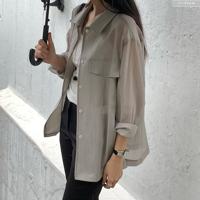 리블 포켓 루즈핏 링클 시스루 셔츠 2col 여름 아우터 긴팔 코튼 남방 제이플로우 이미지 7