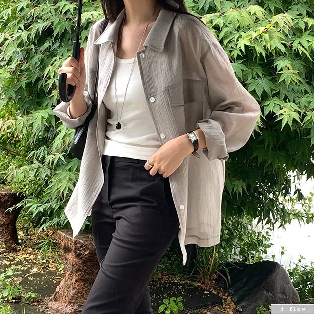 리블 포켓 루즈핏 링클 시스루 셔츠 2col 여름 아우터 긴팔 코튼 남방 제이플로우 - 상세 이미지 5