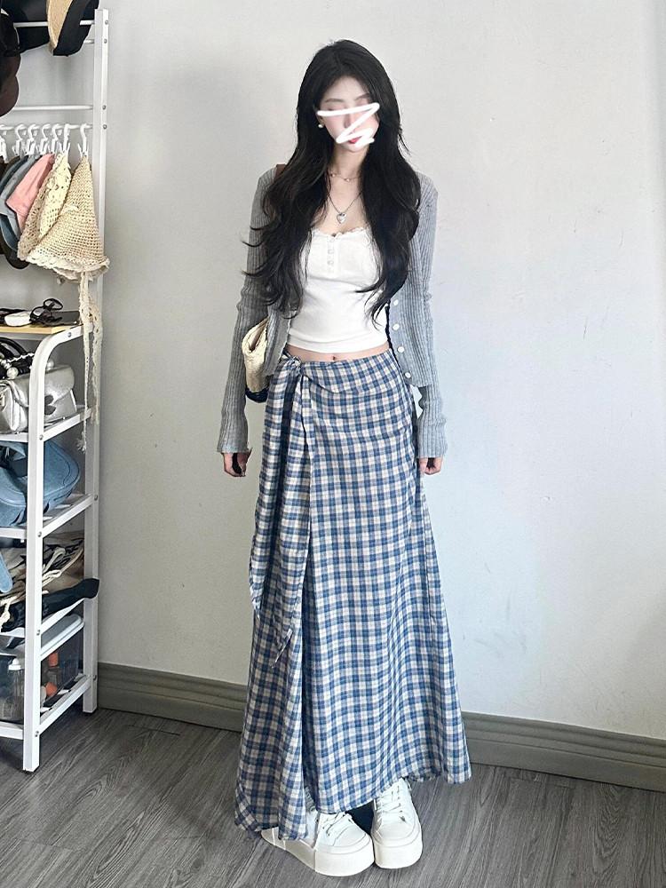 체크 롱스커트 플레어 여성 캐주얼 밴딩 치마 하의 그레이 가디건 + 블루 플래드 스커트 세트 40/45kg/S - 상세 이미지 2