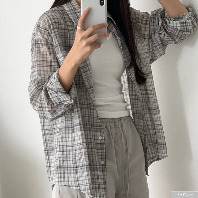 바온 체크 루즈핏 사이드 버튼 셔츠 2col 여름 하프 남방 얇은 캐주얼 제이플로우 이미지 7
