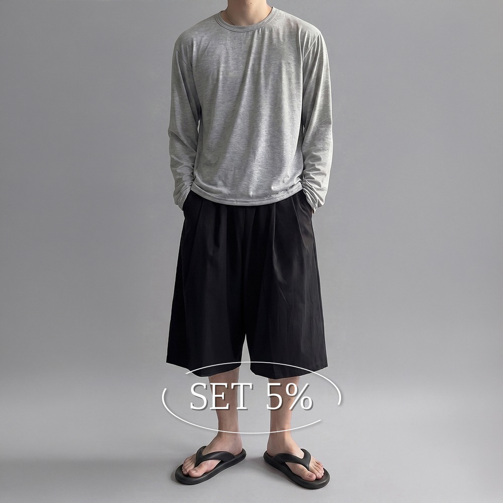 [SET] 오버핏 크롭 텐셀 긴팔티 + 7부 코튼 버뮤다 팬츠 - 상품 이미지
