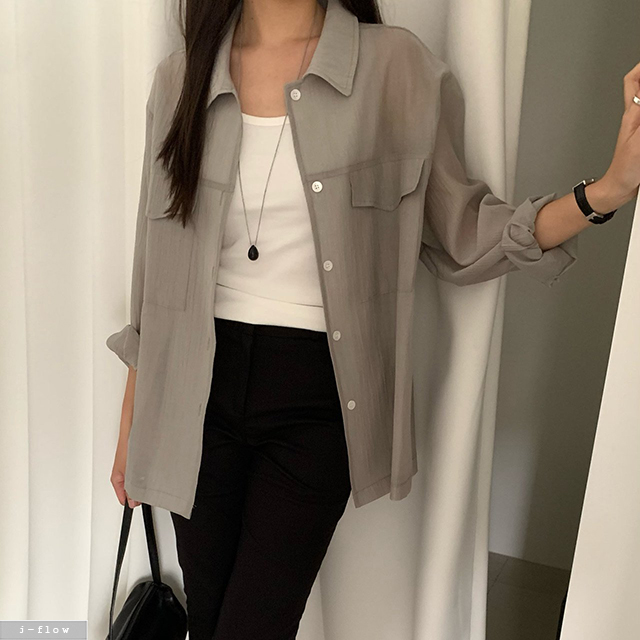 리블 포켓 루즈핏 링클 시스루 셔츠 2col 여름 아우터 긴팔 코튼 남방 제이플로우 - 상세 이미지 2
