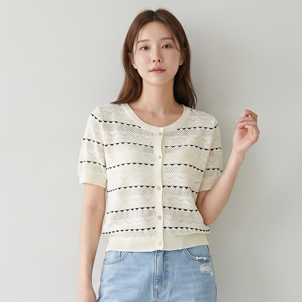 예시카 스카시 컬러 블록 라운드 반팔 니트 YV4KP905 - 상품 이미지