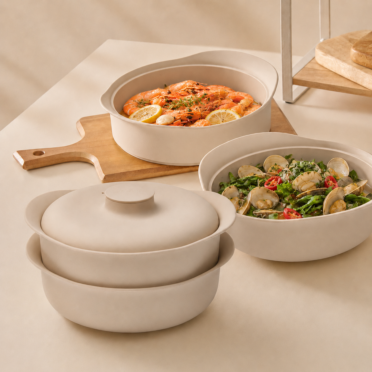 실리프랑 2단 실리콘 찜기 야채 만두 전자렌지 무연마제 모카베이지 2P +계량스푼2P - 상품 이미지