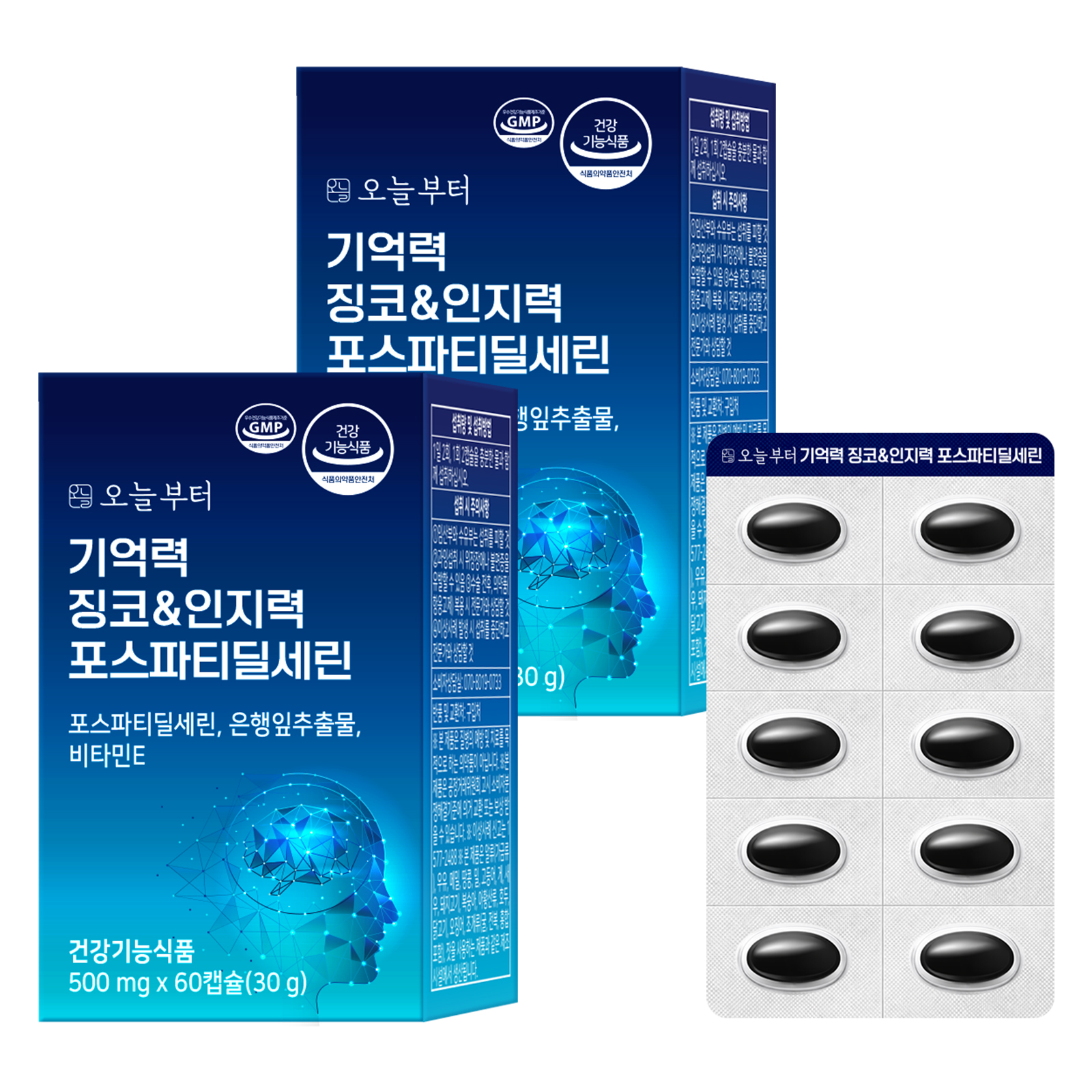 오늘부터 기억력 징코&인지력 포스파티딜세린 개선 두 뇌 건강 영양제 30캡슐, 2개 - 상품 이미지