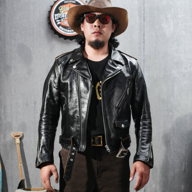 말가죽 사선집업 라이더 더블자켓 별장식 견장 남자가죽자켓코디 0007 - 상품 이미지