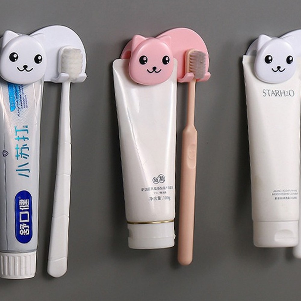 귀여운위생관리칫솔거치대 고양이디자인욕실정리칫솔홀더 벽부착식화장실수납치약홀더 - 상품 이미지