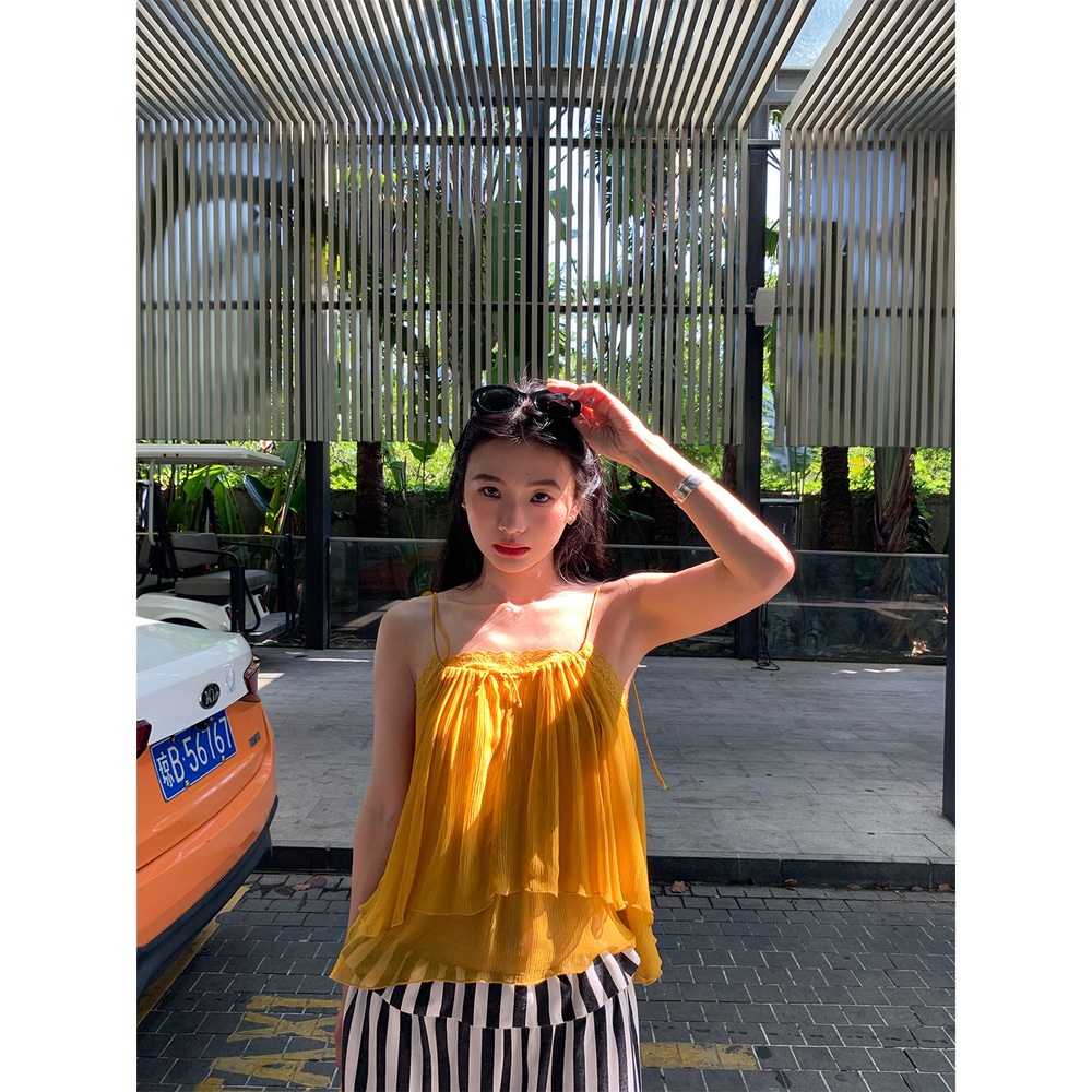 레이스레이어드 스케어넥 민소매나시블라우스 레이온소재 주름디자인 여름 머스타드옐로우 - 상세 이미지 3