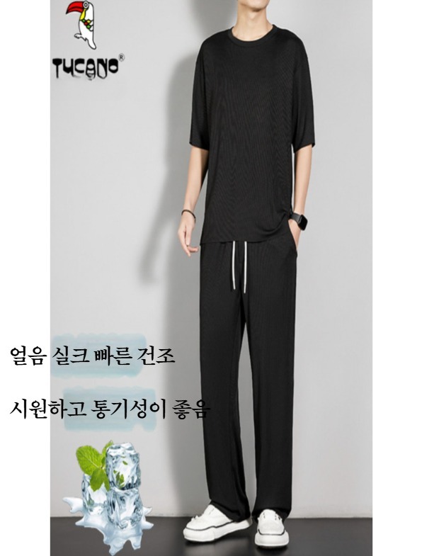 남성 플리츠 셋업 여름 아이스실크 빅사이즈 캐주얼 투피스 세트 주름 티셔츠 팬츠 상하의 - 상세 이미지 3