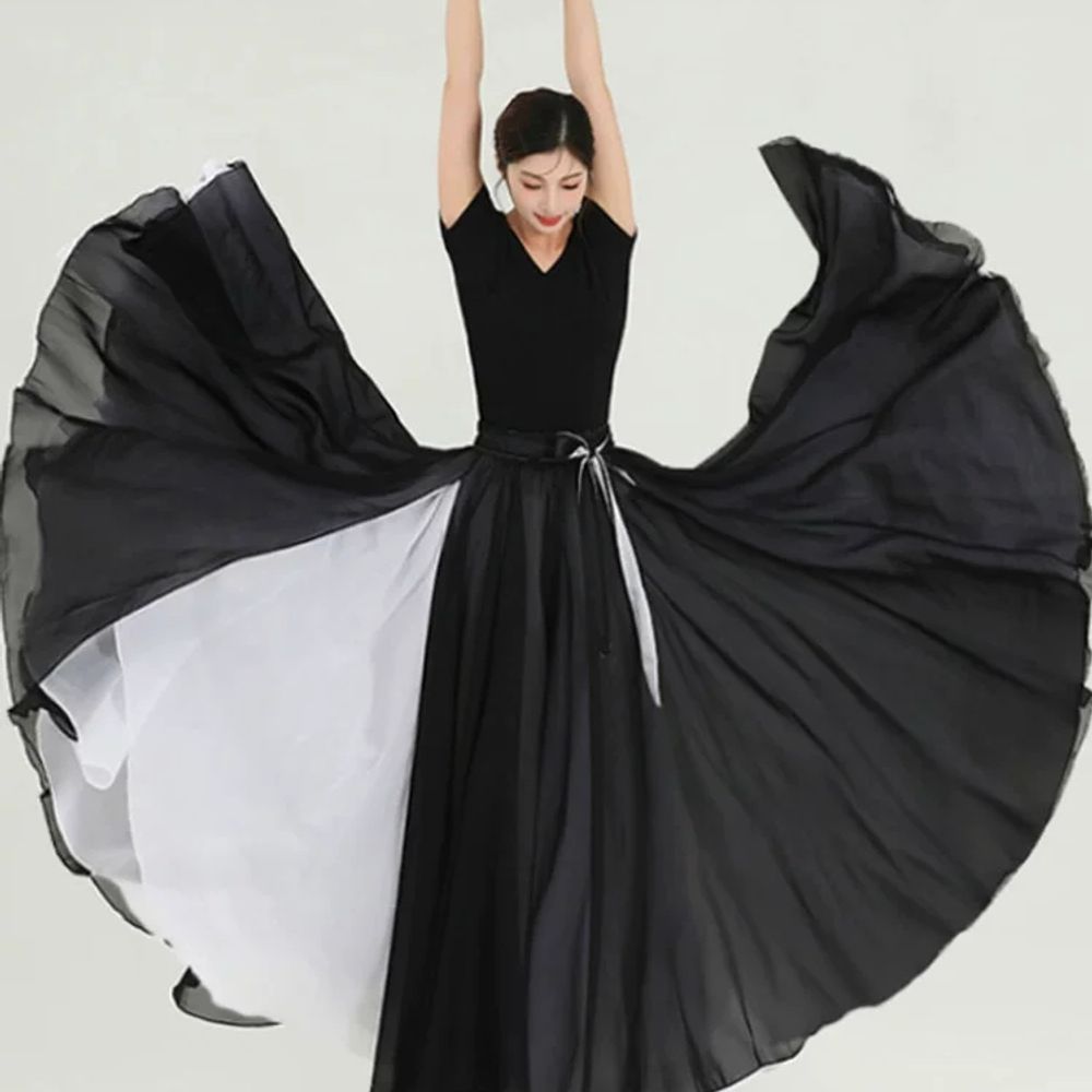 한국 무용 풀 스커트 쉬폰 한국무용풀치마 의상 A. 블랙+퍼플 720 양면, A. 80cm - 상세 이미지 2