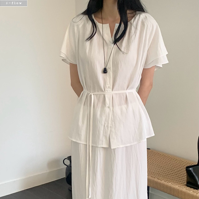 모어드 이중소매 나그랑 루즈핏 블라우스 3col 여름 라운드 하프 스트랩 셔링 제이플로우 - 상세 이미지 5