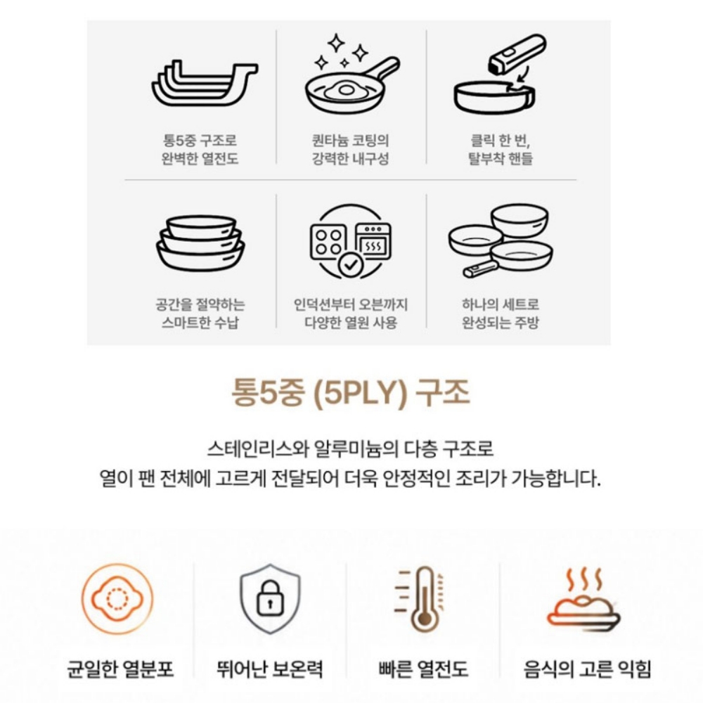 유로룩스 무연마제 통5중 후라이팬 5P세트 인덕션 분리형 손잡이 냄비 신혼냄비세트 이미지 7