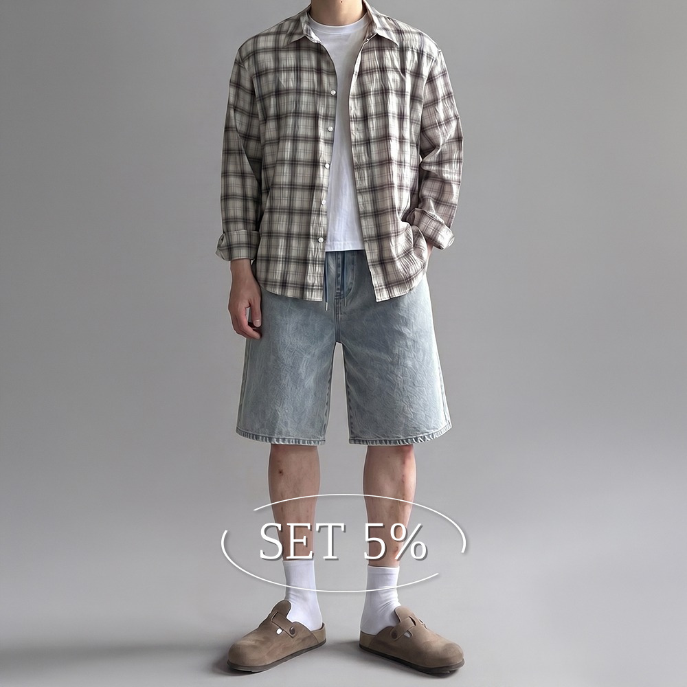 [SET] 오버핏 린넨 체크 셔츠 + 6부 데님 버뮤다 팬츠 - 상품 이미지