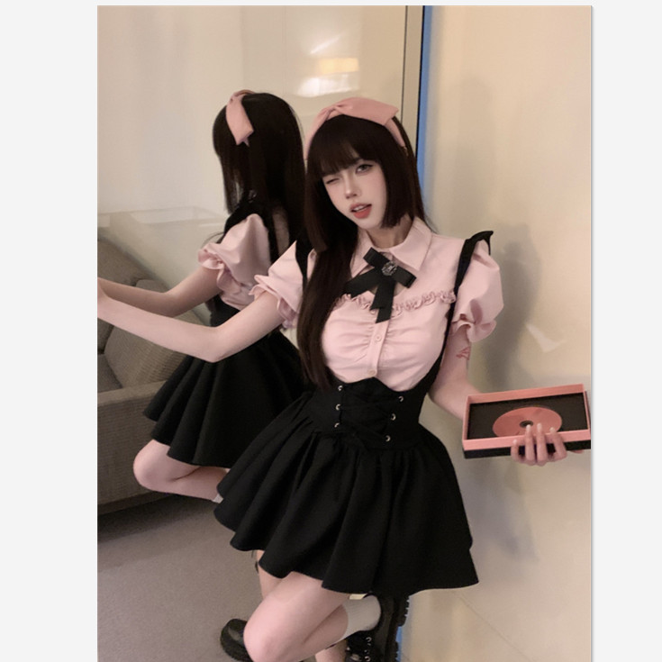 지뢰계옷 여름 세트 리본 양산형 하라주쿠 셋업 멜빵 스커트 - 상세 이미지 5