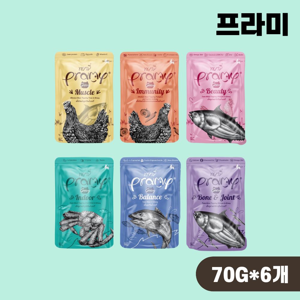 프라미 파우치 고양이 습식 간식 그레이비 6종 콤보, 70g, 6개 - 상품 이미지