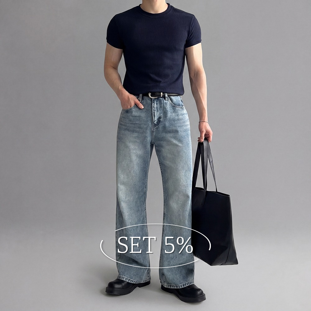 [SET] 머슬핏 하찌 반팔니트 + 플레어핏 데님팬츠 - 상품 이미지