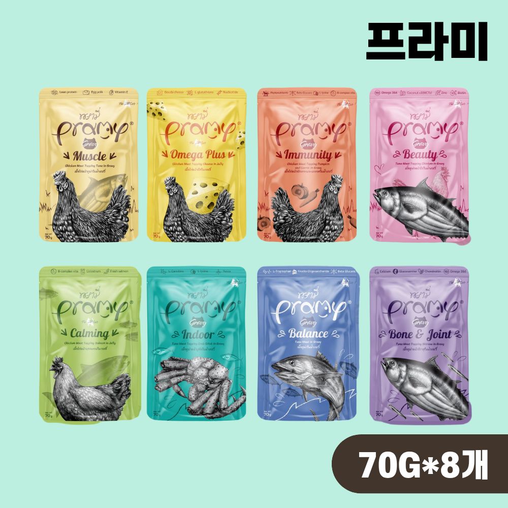프라미 파우치 고양이 습식 간식 8종 콤보, 70g, 8개 - 상품 이미지