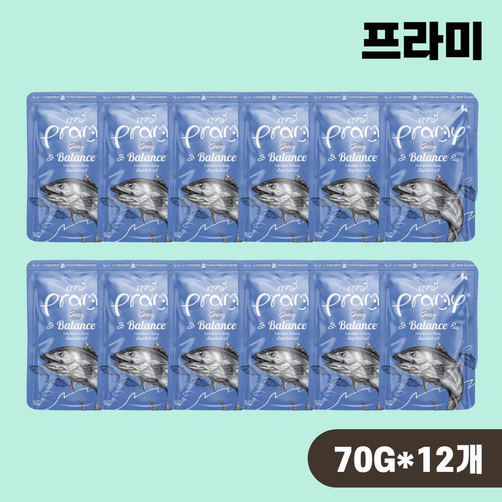 [+N포인트] 프라미 파우치 고양이 습식 간식 발란스 참치 그레이비, 70g, 12개 - 상품 이미지