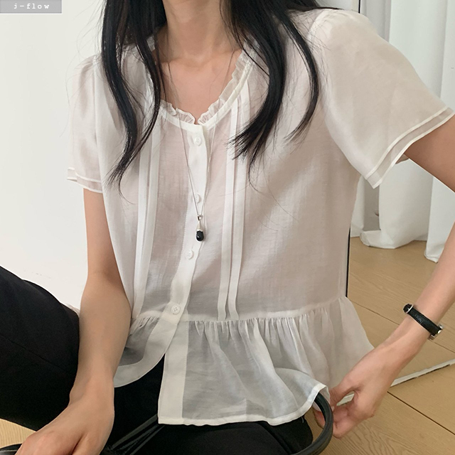 라덴 프릴 핀턱 시스루 이중 블라우스 3col 여름 반팔 라운드 텐셀 러블리 제이플로우 - 상품 이미지